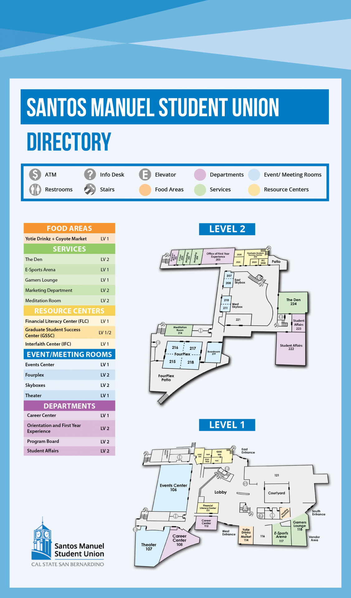 SMSU South Map. Food areas. Yoties Drinkz and Coyote Market. Services. The den, E-sports Arena, Gamers Lounge, Marketing Department, Meditation Room. Resource Centers. Financial Literacy Center, Graduate Student Success Center, Interfaith Center. Event/Meeting Rooms. Events Center (SUS-106), Fourplex (SUS-215,216,217,218), Skyboxes (SUS-207,208,210,211), Theater (SUS-107). Departments. Career Center (SUS-108), Orientation and First Year Experience (SUS-203), Program Board (SUS-206), Student Affairs (SUS-202)