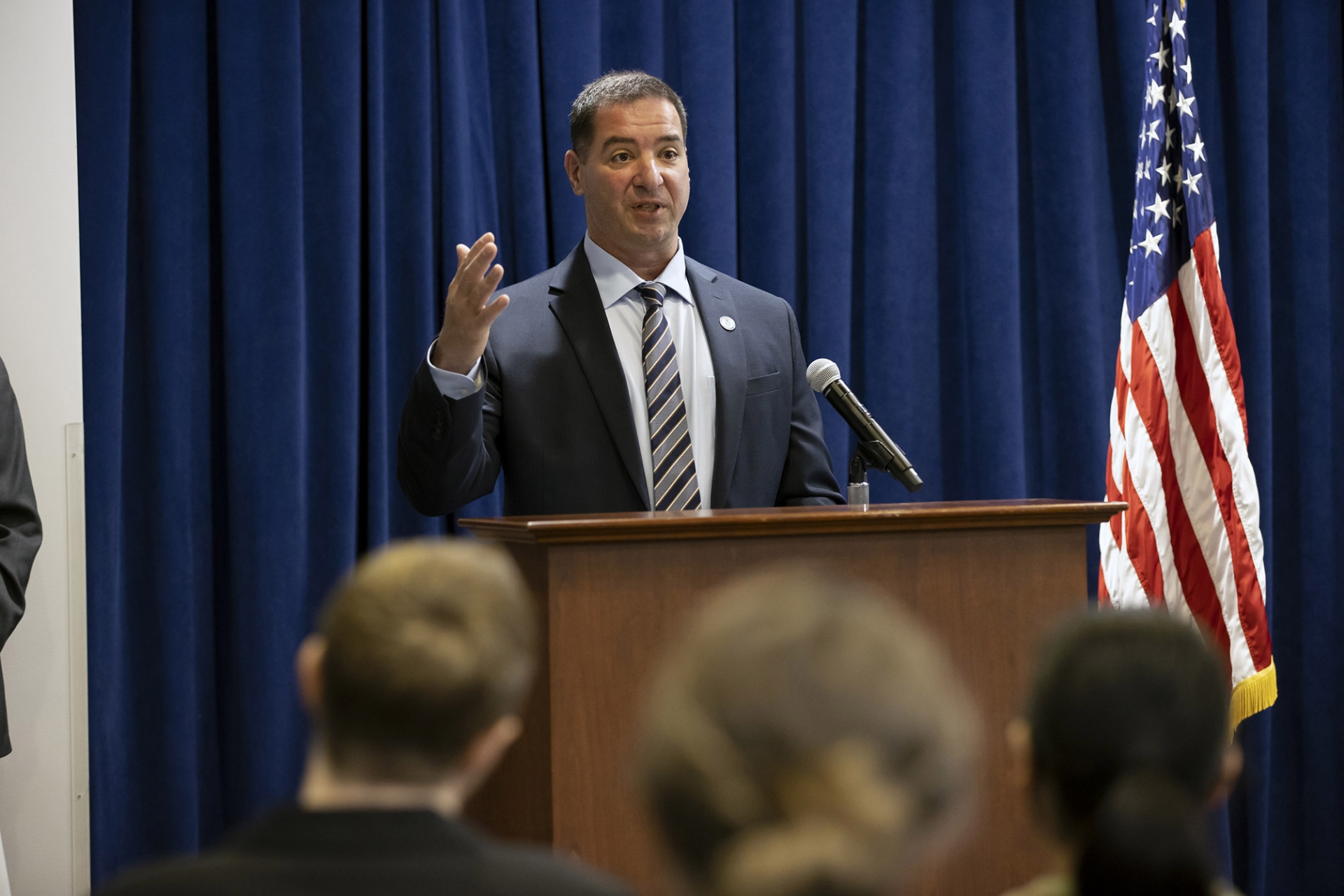 Vincent Nestle speaks at the ceremony where a memorandum of understanding was signed when CSUSB formally joined the Cyber Halo Innovation Research Program (CHIRP)