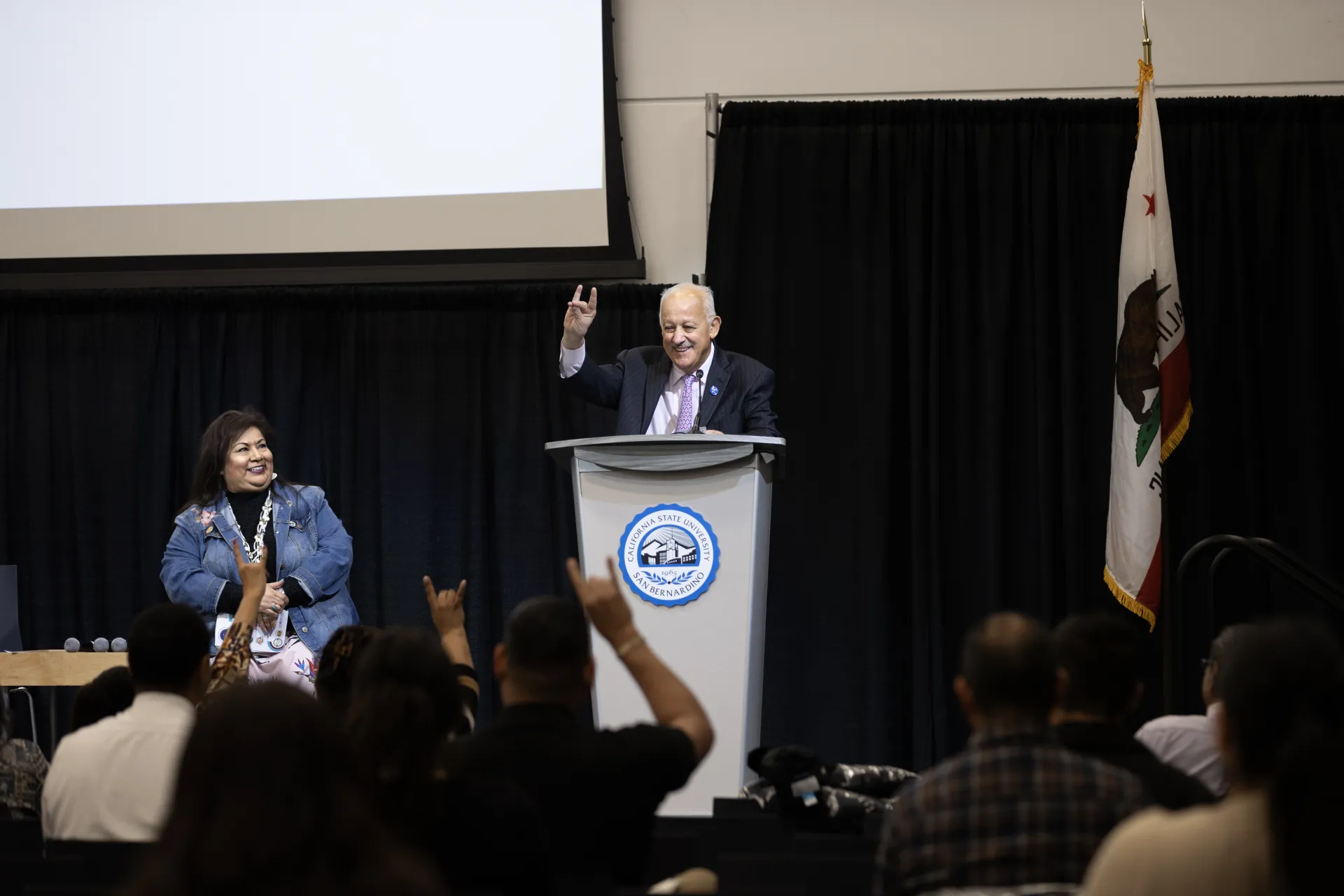 CSUSB President Tomás D. Morales and California Indian Nations College President & CEO Celeste R. Townsend address event attendees at the Native American/Indigenous Education Summit 2024 at Cal State San Bernardino on March 23, 2024.