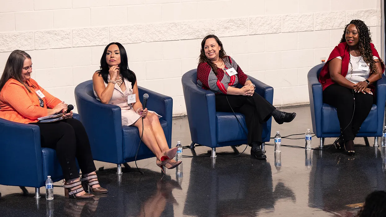 Panelists from the 2023 ShEconomy event. From left, Karen Resendez, Human Resources/Risk Manager, San Bernardino Valley Municipal Water District; Evelia Carmona, Senior Manager, Southern California Edison; Carla Panzer, Business Finance Consultant/Director for the State Guaranty; Dezzarae Henderson, CEO, 4HiRe HR Solutions; Jackie Scott, Director, Inland Empire Women’s Business Center