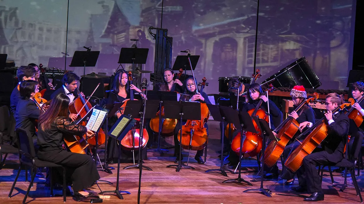 The Holiday Gala will feature performances by the CSUSB Piano Ensembles, CSUSB New Music Ensemble, CSUSB Jazz Ensemble, CSUSB Saxophone Ensemble, CSUSB Viola Ensemble, CSUSB Early Music Ensemble, CSUSB Cello Ensemble, and the CSUSB Symphony Orchestra.