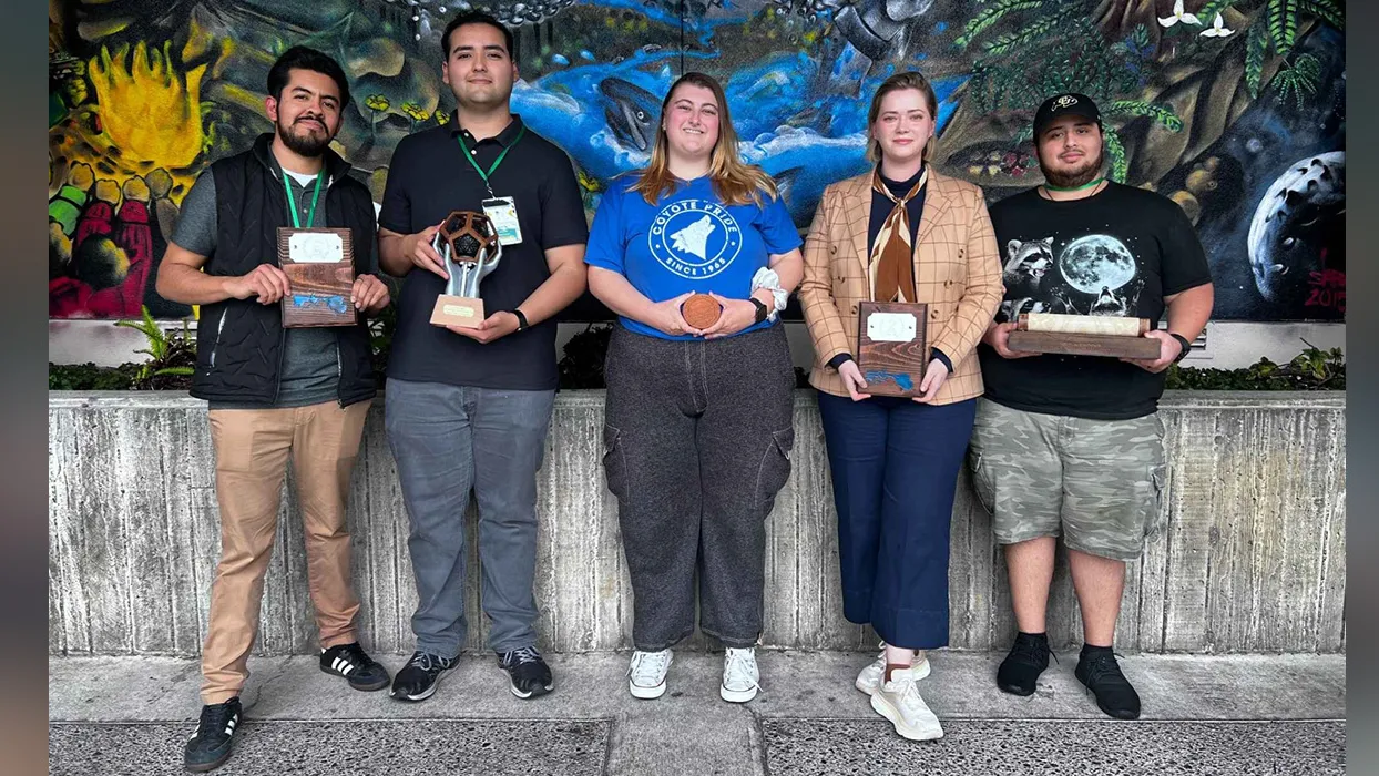 From left, CSUSB students Luis Gonzalez, Sebastian Zazueta, Amy Katherine Bartels, Rachel Kanter and Michael Rubalcava represented the university at the California State University Student Research Competition. 