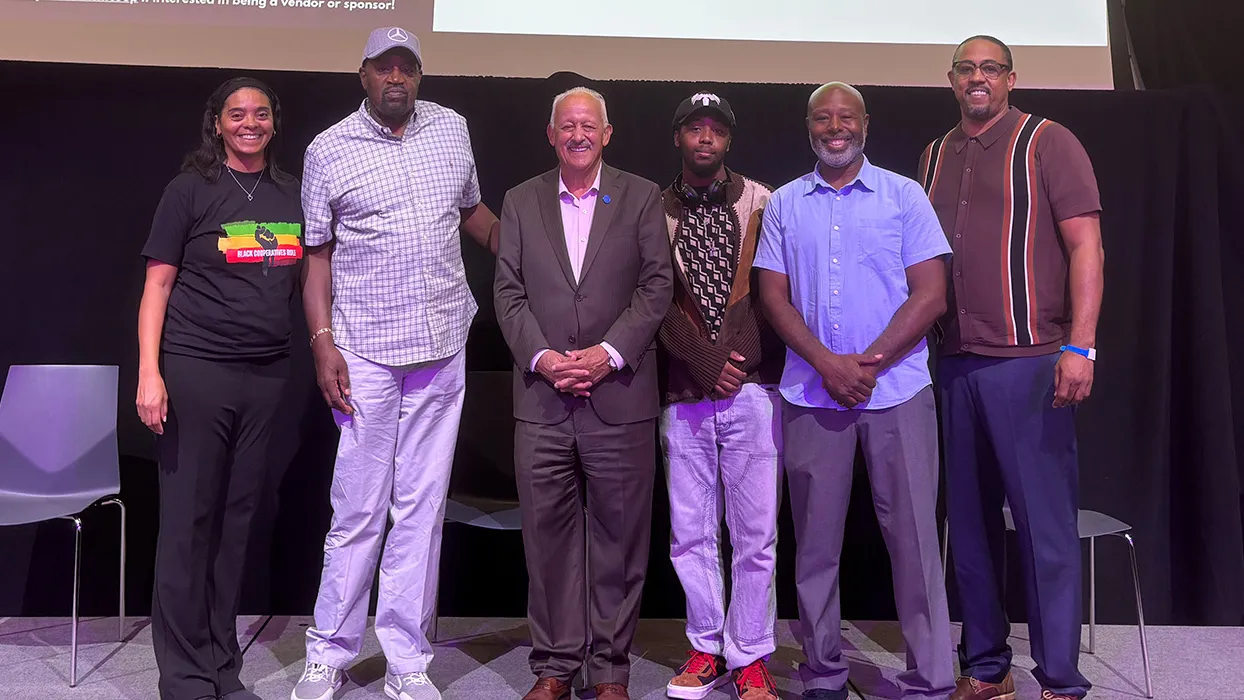 Members of the campus and local community attended the Cooperative Economic Empowerment Movement’s Mic and Mind. Among them was CSUSB President Tomás D. Morales (third from left), showing support for the event’s focus on empowering young entrepreneurs.