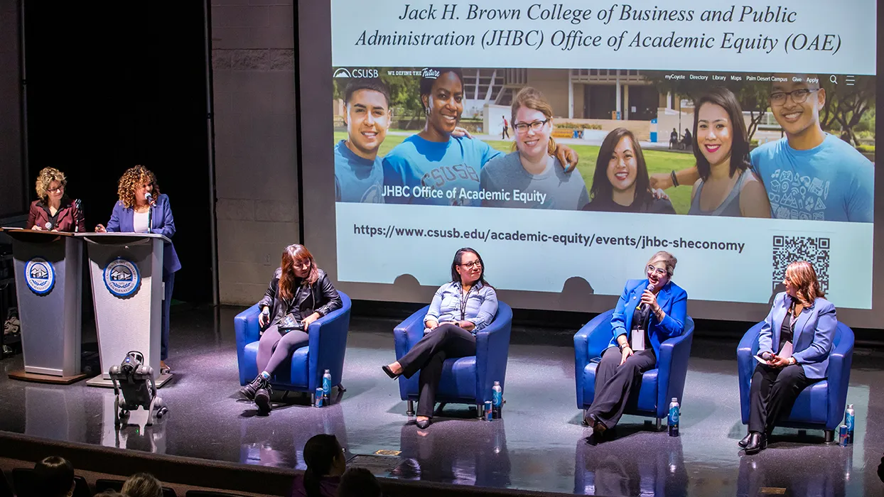 From left, Michelle Skiljan, senior director of philanthropy, foundation and corporate relations at CSUSB; Francisca Beer, associate dean and director of the Office of Academic Equity; Yutong Liu, lecturer in the School of Cyber & Decision Sciences and director of the Motion Capture Studio; Dora Mejia, CSUSB emergency manager and two-time alumna; Paniz Herrera, cybersecurity and AI executive at Deloitte and CSUSB alumna; Ginger Ontiveros, president and CEO of Tomorrow’s Talent and CSUSB alumna.