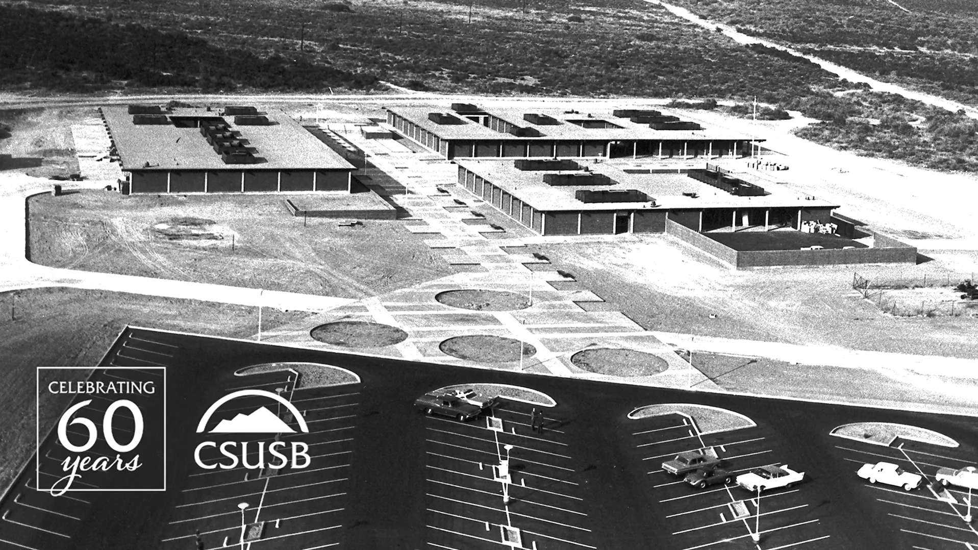 An aerial view of California State College at San Bernardino, showing the campus’ three original buildings.