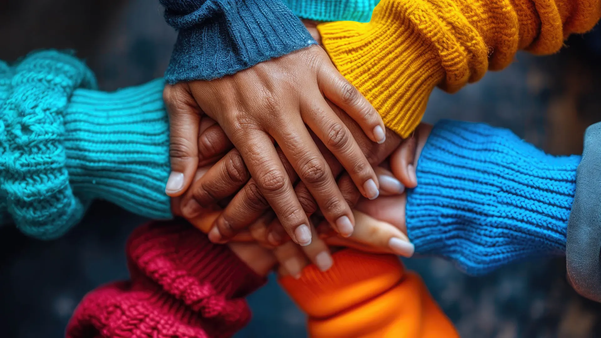 Photo of overlapping hands illustrating diversity.