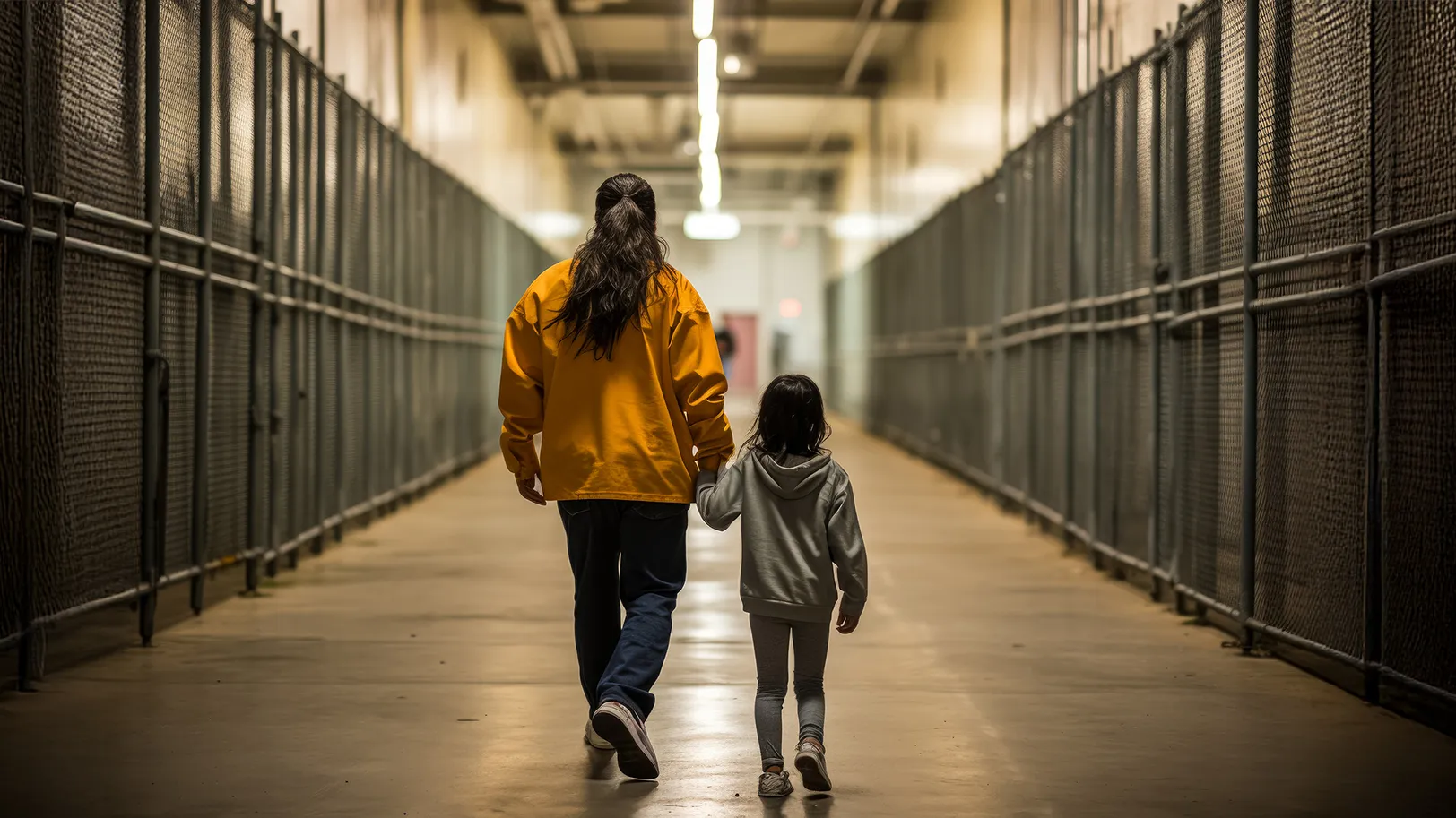 Woman and child walking down a corridor with gated fencing along the sides; AI-expanded background.
