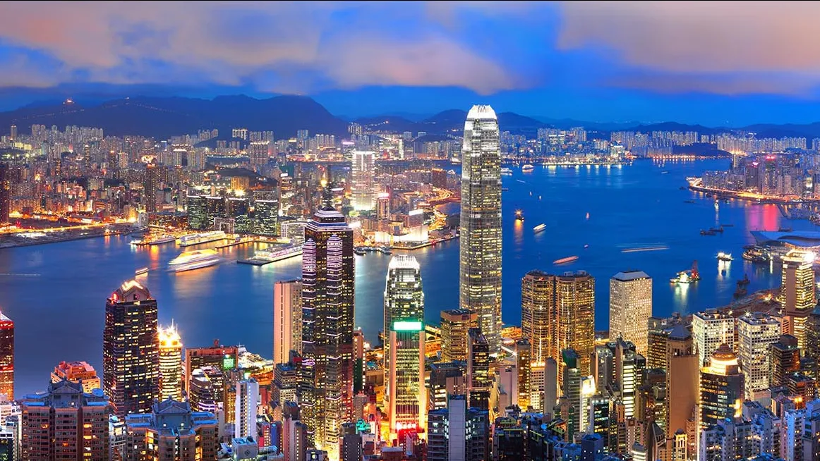 The Hong Kong skyline at night. Two Modern China Lectures will take place this week.