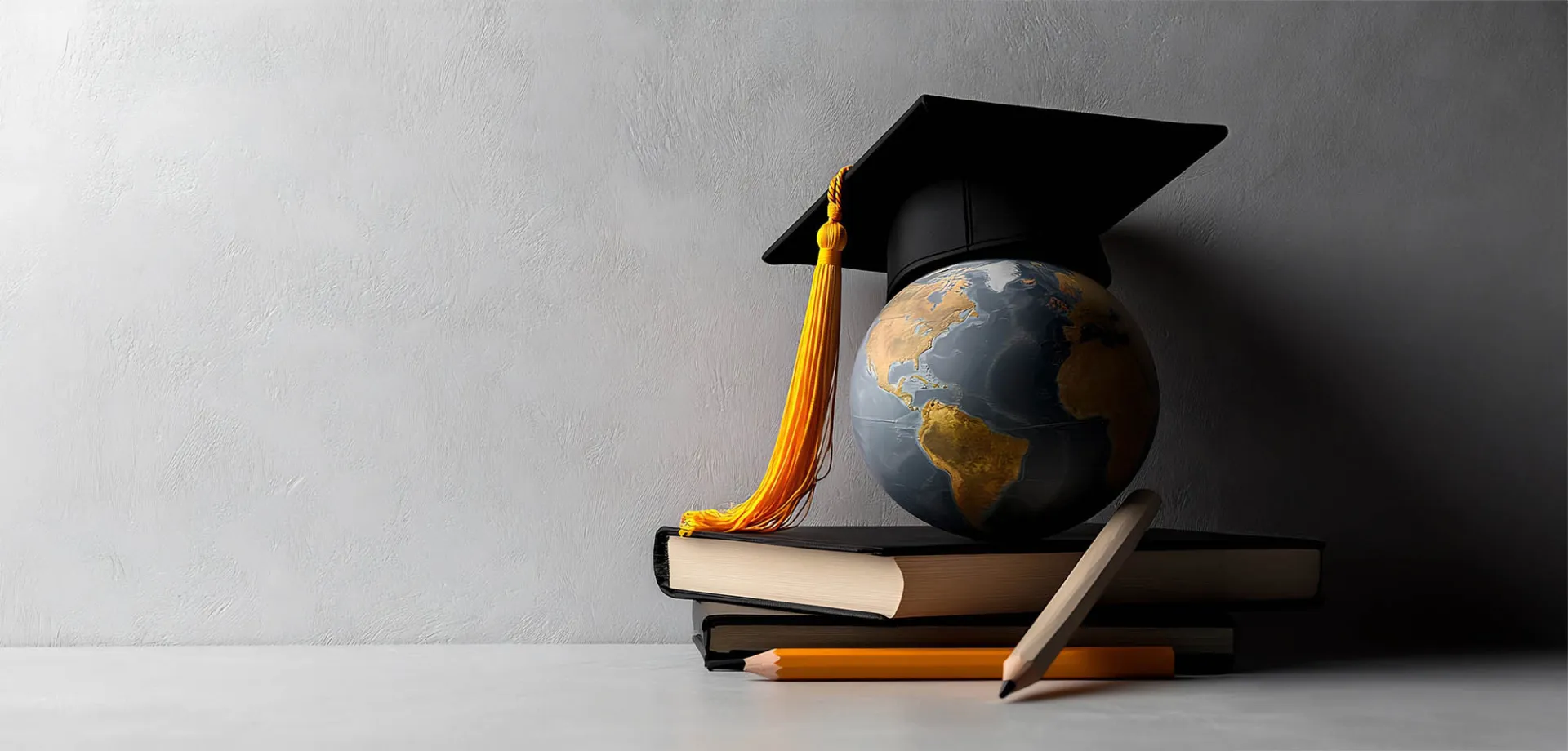 Illustration of a globe topped by a mortarboard on top of books.