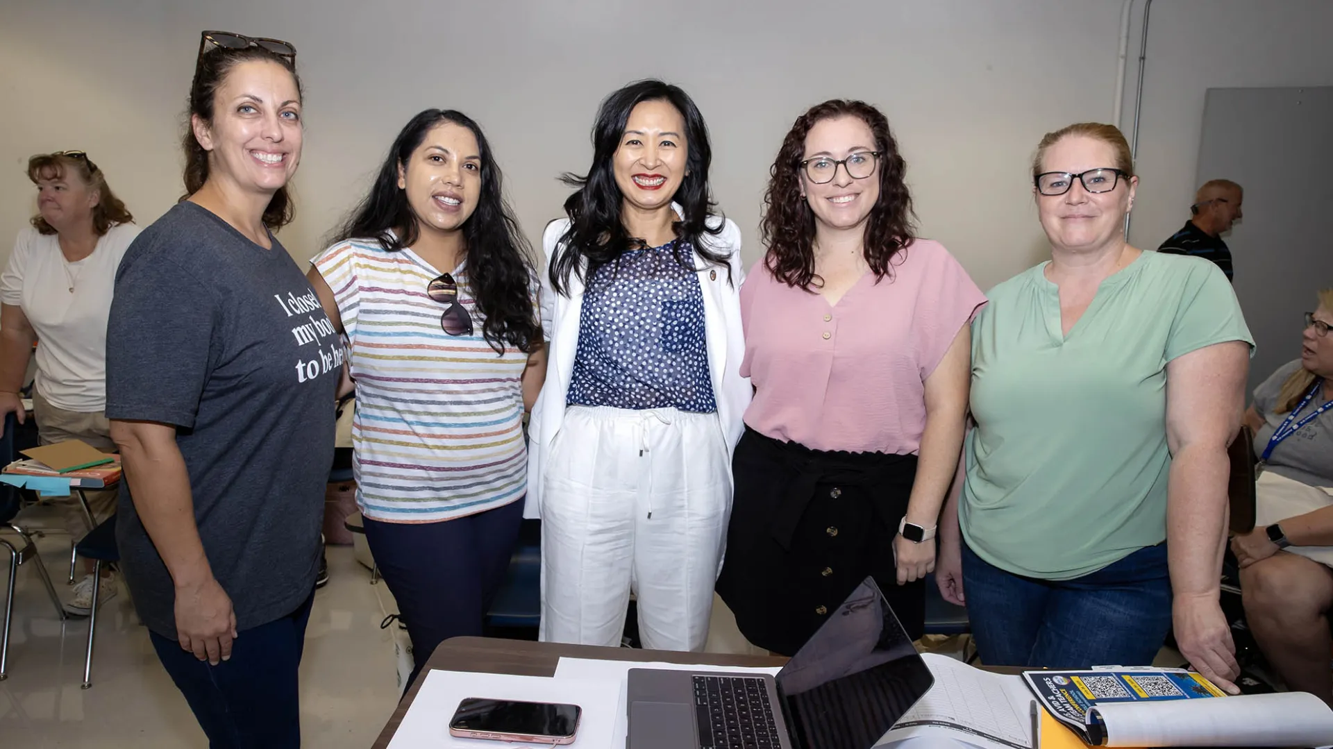 San Bernardino Mayor Helen Tran (center) met with teachers from the San Bernardino City Unified School District during its annual Teachers Conference, which took place at Cal State San Bernardino.