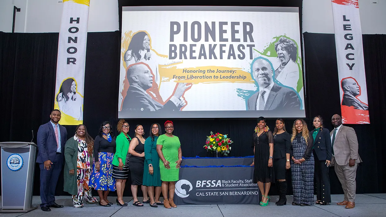 Cal State San Bernardino hosted the 13th annual Pioneer Breakfast on Feb. 27, recognizing the contributions of African Americans and honoring individuals who have enriched the campus and supported student success. Hosted by CSUSB’s Black Faculty, Staff and Student Association, the event serves as a fundraiser for student scholarship and supports the Black Graduation recognition ceremony. 