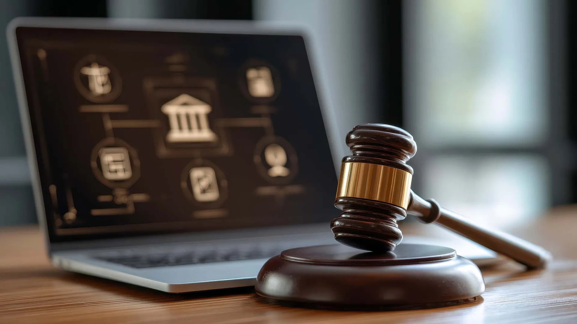AI illustration depicting a laptop computer and a gavel, symbolizing legal research.