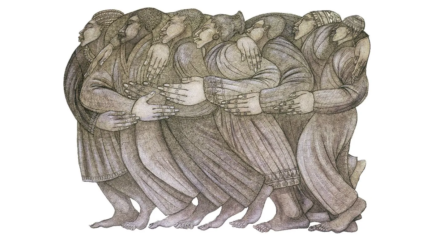 “UMOJA” by Charles Bibbs, 1996. This image was inspired by the first Million Man March, Washington, D.C., in 1995.