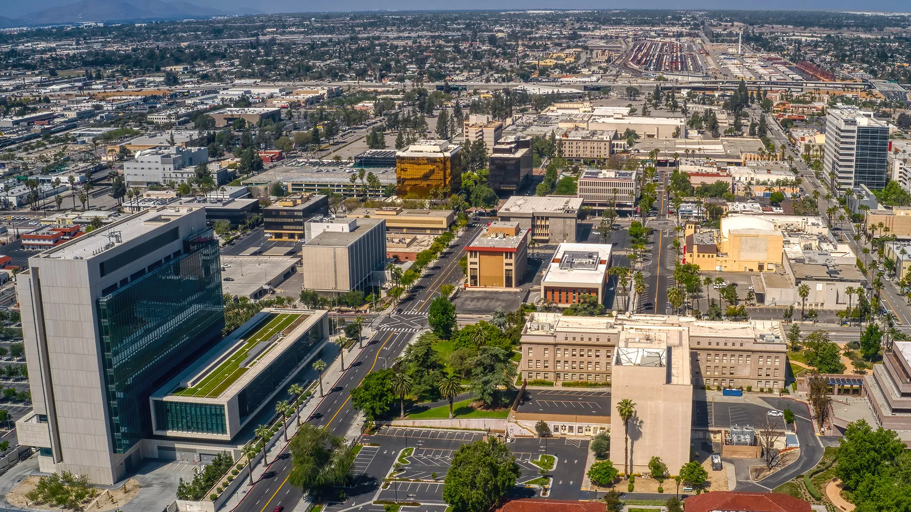 An aerial view of downtown San Bernardino, looking west.