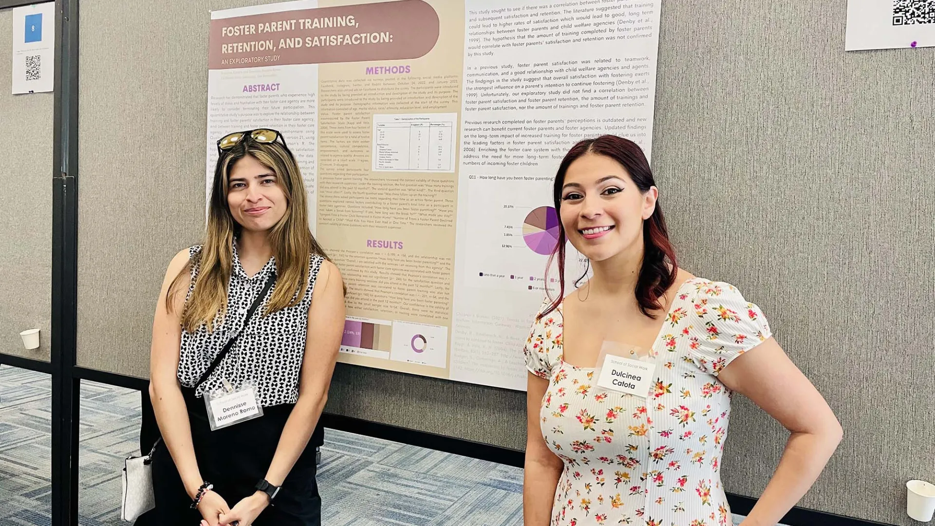 Denise Moreno Romo (left) and Dulcinea Catota were among the students who presented their research at annual MSW Research Symposium.