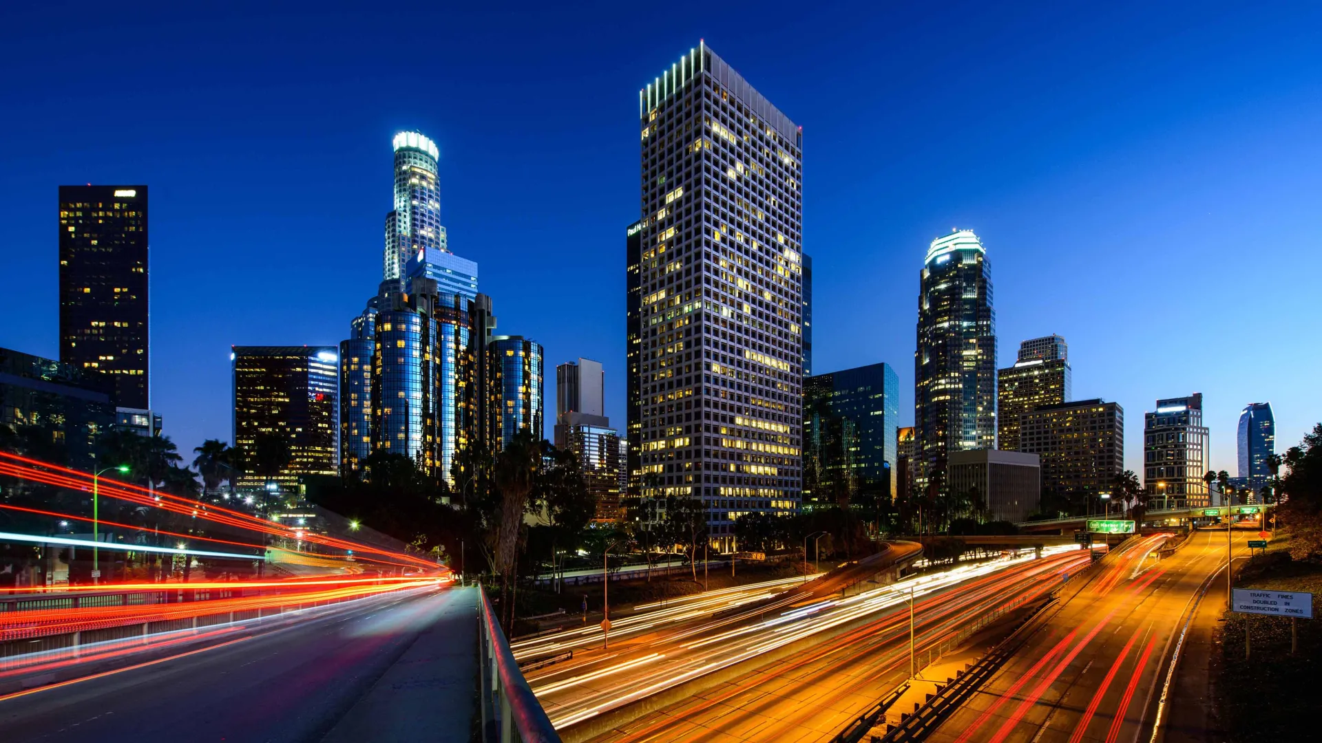 Time lapse photo of downtown Los Angeles traffic.