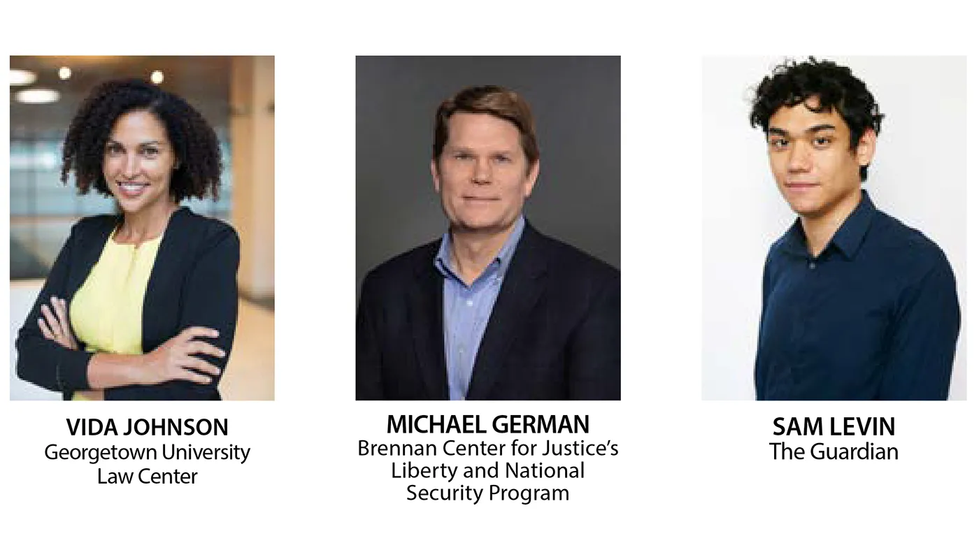 The panel discussion, “White Supremacists and Militia Extremists in Police Departments,” with (from left) Vida Johnson, Michael German and Sam Levin, will take place on Zoom at 4 p.m. Wednesday.