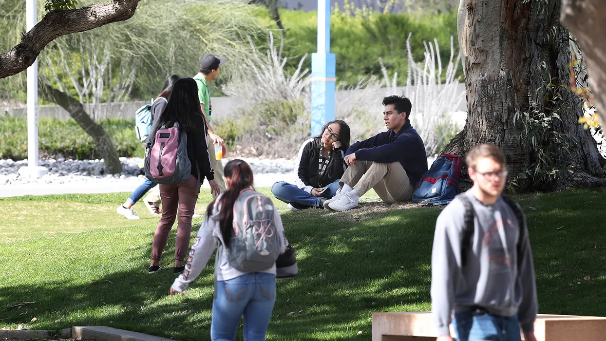 Students walking on the CSUSB campus