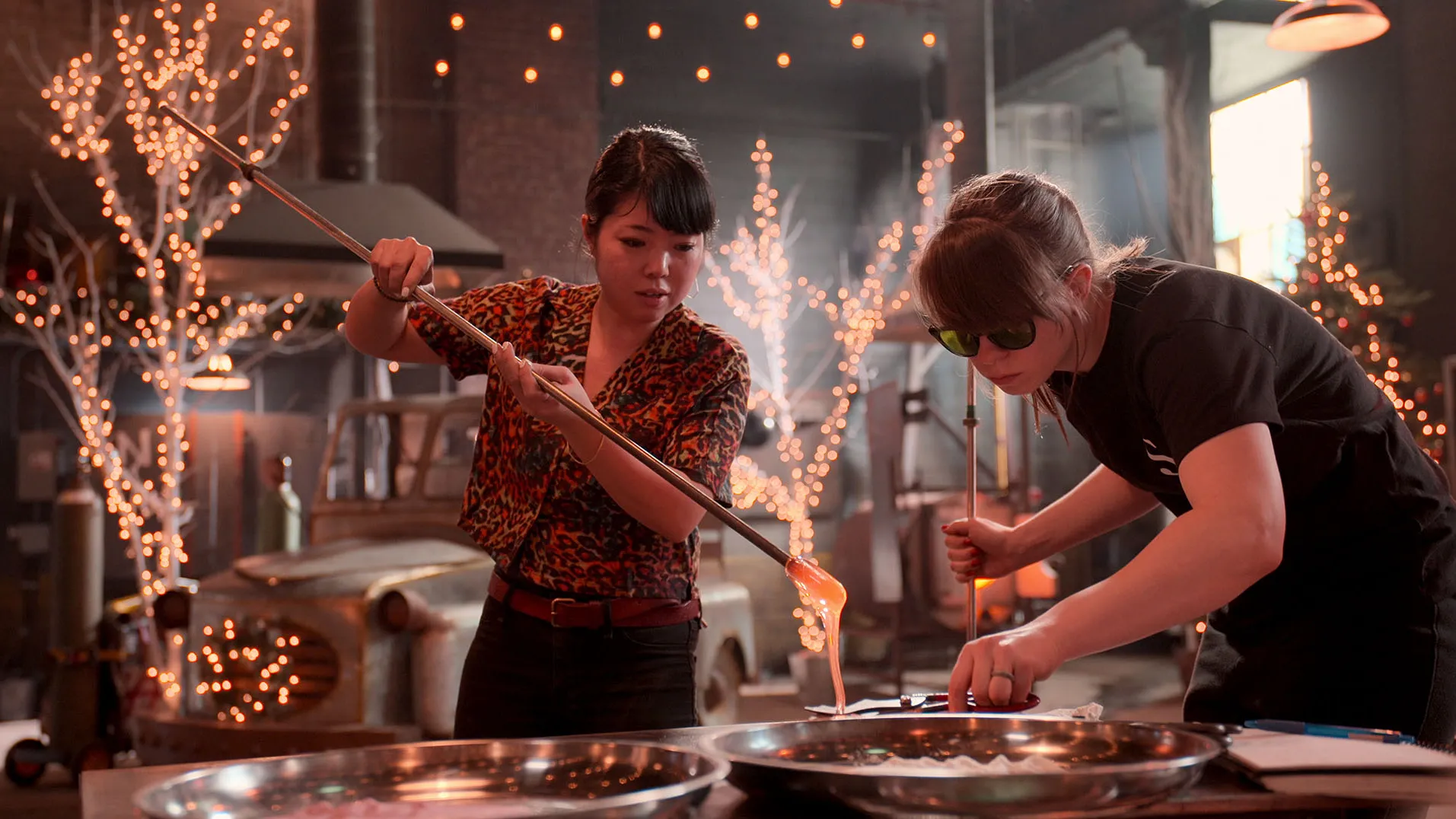 Nao Yamamoto ’14 (left) is one of the contestants on “Blown Away: Christmas,”