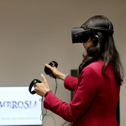 Rueyling Chuang, interim dean of CSUSB’s College of Arts & Letters, tries out a virtual reality computer program