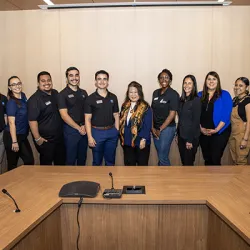CSU trustees Darlene Yee-Melichar (center),  Leslie Gilbert-Lurie (fifth from right) and Yammilette Rodriguez (fourth from right) meet with CSUSB Associated Students Inc. officers.