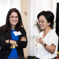Yawen Li (at right), CSUSB professor of social work, with CSBS Dean Christina Hassija. Li recently presented a virtual talk for a forum at Peking University.