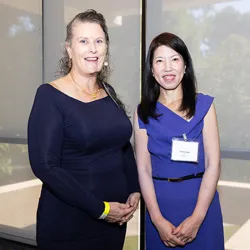 From left, Elizabeth Castillo, assistant professor of management, with Ranfeng (Stella) Qiu, chair of the management department at CSUSB’s Jack H. Brown College of Business and Public Administration.