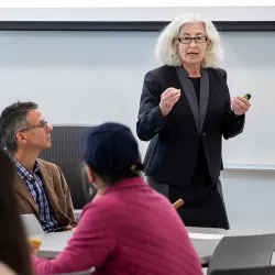Jacqueline Coyle-Shapiro, management professor and internationally renowned scholar, engaged participants in a lively discussion at the CiviliTEA Café on Feb. 14.