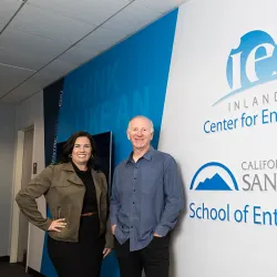 From left, MSEI alumna Miranda Lee and Mike Stull, director of the Randall W. Lewis Center for Entrepreneurship 
