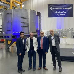 At General Atomics’ Magnet Technologies Center in San Diego on Aug. 28, from left: Gerard Au, CSUSB deputy chief information officer and chief information security officer for Information Technology Services; Frank Wuerthwein, professor, UC San Diego; Khalil Dajani, chair/director, CSUSB School of Computer Science and Engineering; and Raffi Nazikian, senior director, General Atomics, Magnetic Fusion Energy.