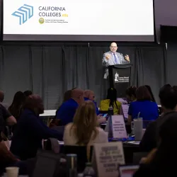 David Dufault-Hunter, CSUSB vice president of Strategic Enrollment Management and Marketing Communications, speaks to educators at the California College Guidance Initiative Regional Event on April 14.