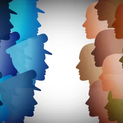 Graphic of profile heads: blue law enforcement on the left and people of various colors on the right