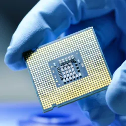 A hand holding a computer chip