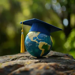 Photo illustration of a ball depicting a globe, sitting on a rock with a graduation cap