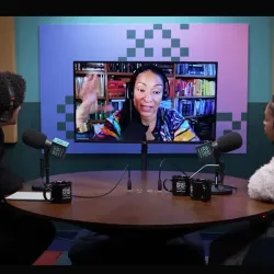 Screenshot from “What Now? With Trevor Noah Podcast” featuring Ruha Benjamin, sociologist and MacArthur Fellowship winner (center), who discussed the “Phoenix of Gaza XR” project as part of her interview.