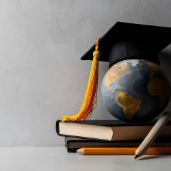 Illustration of a globe topped by a mortarboard on top of books.