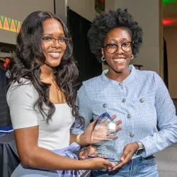 CSUSB alumna Cassandra Butcher, left, was the recipient of the Emerging Leader Award at the 2024 Pioneer Breakfast. This year’s event will continue the tradition of honoring individuals who have shown unwavering dedication to students and a deep commitment to Cal State San Bernardino. 