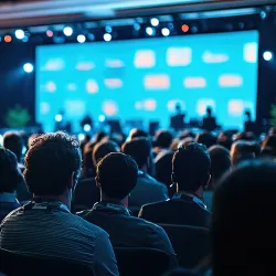 Photo of an audience at a conference, facing a stage.