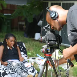 CSUSB alumnus Jay Gerren (behind the camera), shoots a scene for one of his films.