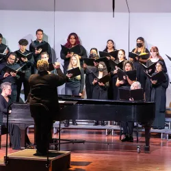 CSUSB Chamber singers prepare for their Dec. 19 performance with the Los Angeles Philharmonic at Walt Disney Concert Hall.