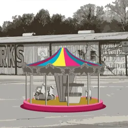 A rendering of a colorful carousel and flag in a black and white setting