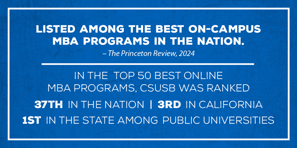 Listed among the Best On-Campus MBA programs in the nation by The Princeton Review, 2024. In the Top 50 Best Online MBA programs, CSUSB was ranked 37th in the nation, 3rd in California and 1st in the state among public universities. 