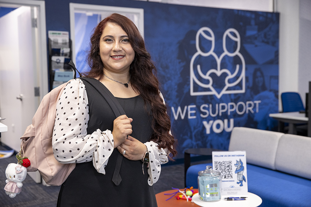 CSUSB has become a second home for Monroy, who utilizes the many resources available to students, such as Cody’s Closet in the Career Center, which provided her the free professional attire pictured.