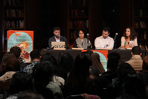 A panel discussion at Princeton University about the collaborative virtual reality project, “The Phoenix of Gaza XR,” included CSUSB alumnus, Naim Aburaddi, (far left), who developed the project with Ahlam Muhtaseb, professor of communication and media studies.