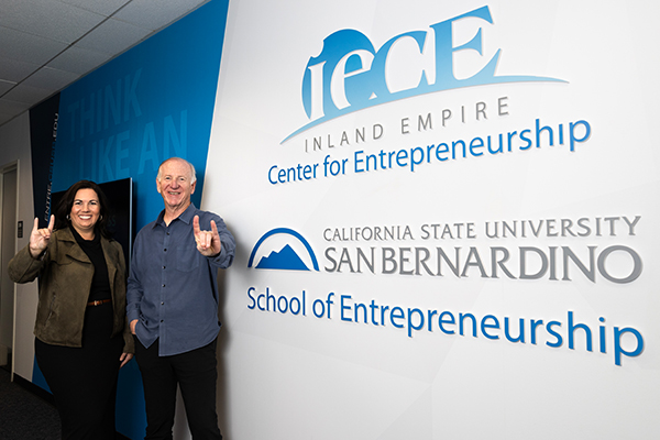 Miranda Lee (left) and Mike Stull, Lee's academic advisor and director of CSUSB's School of Entrepreneurship