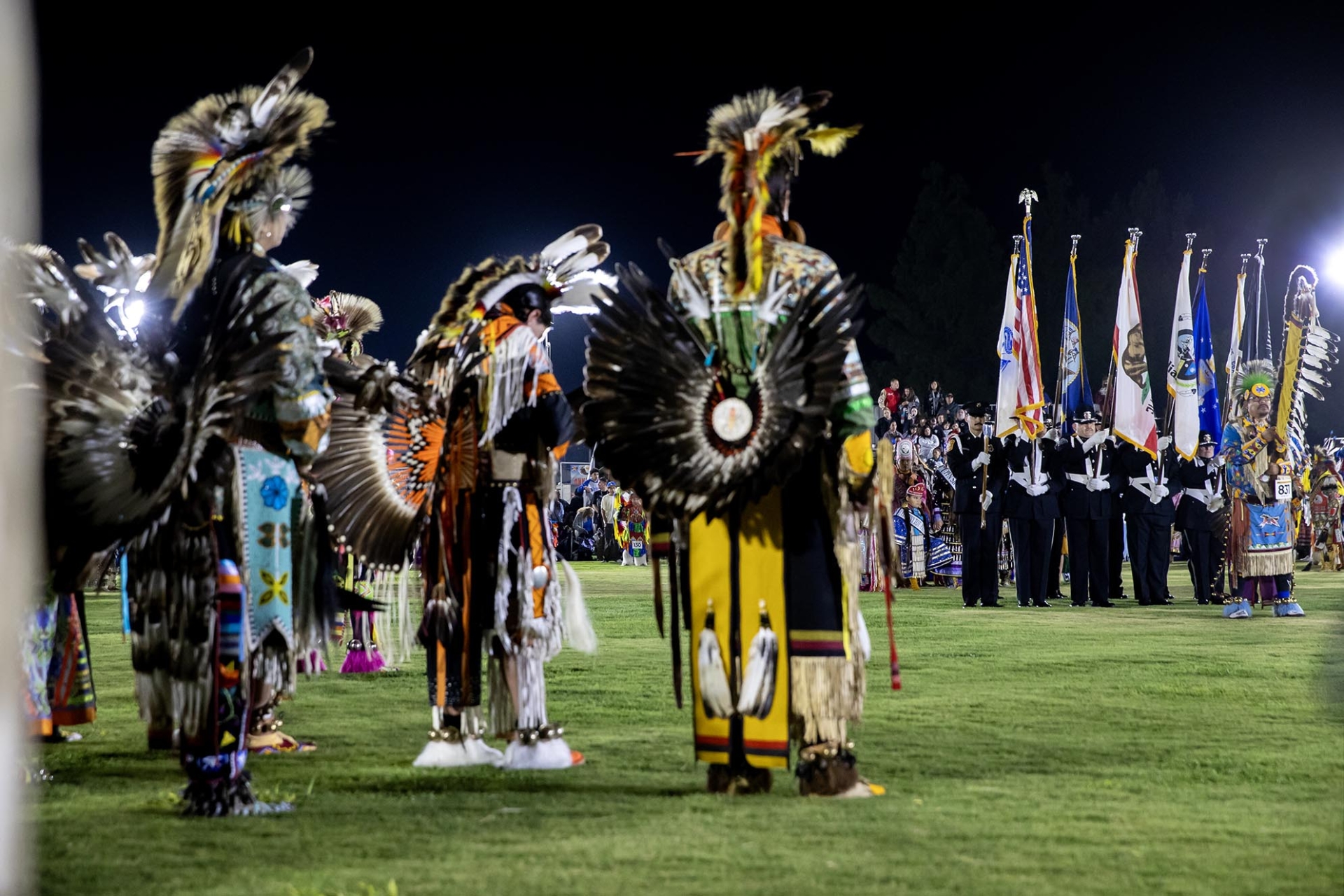 A color guard at the opening of the Sept. 20 Pow Wow session, 2024 San Manuel Pow Wow.