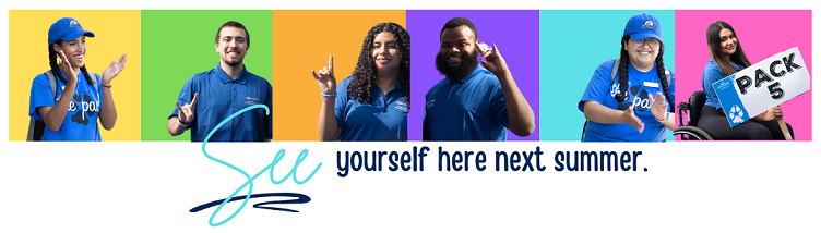 Banner collage of orientation leaders on colorful backgrounds. Underneath reads "SEE yourself here next summer!"