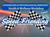 Checkered flags on a race track with the words speed friending in the foreground