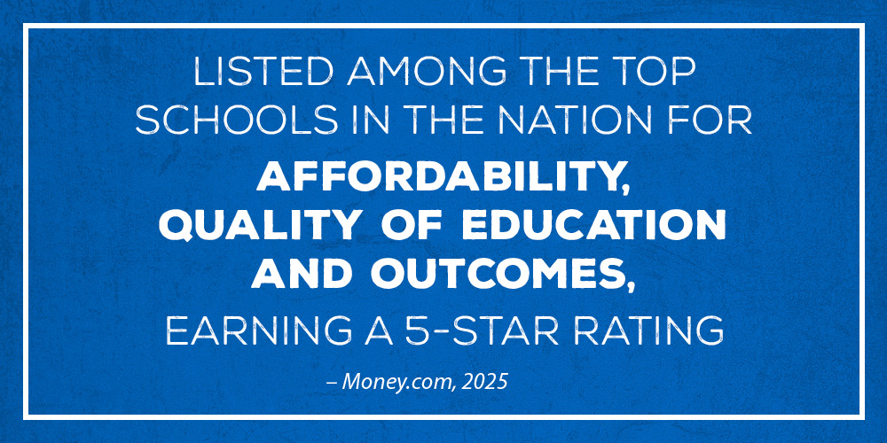 Listed among the top schools in the nation for affordability, quality of education and outcomes, earning a 5-star rating. Money.com 2025