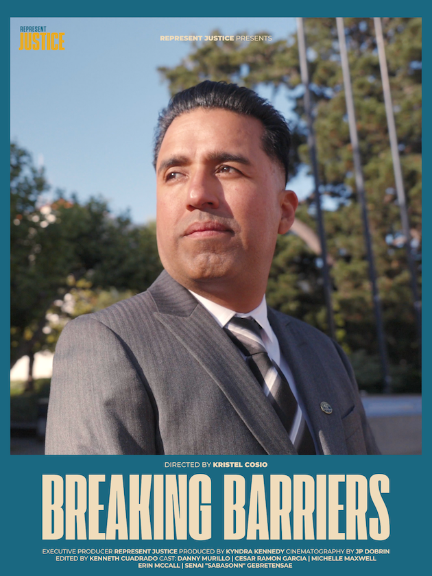 Film poster, "Breaking Barriers" man in a suit looks of camera to the left, resolute, short dark hair